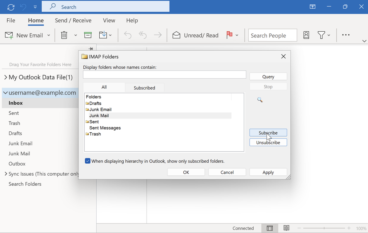 IMAP Folders Pop-up
